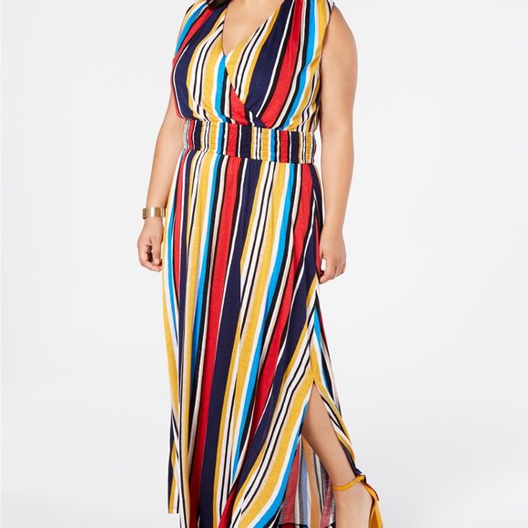 NWT INC Plus Surplice Striped Smocked Maxi Dress - Picture 4 of 6